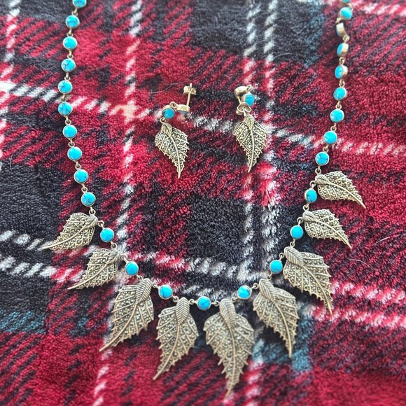 ROUND 5MM TOP BLUE TURQUOISE MARCASITE LEAF 925 STERLING SILVER NECKLACE EARRING